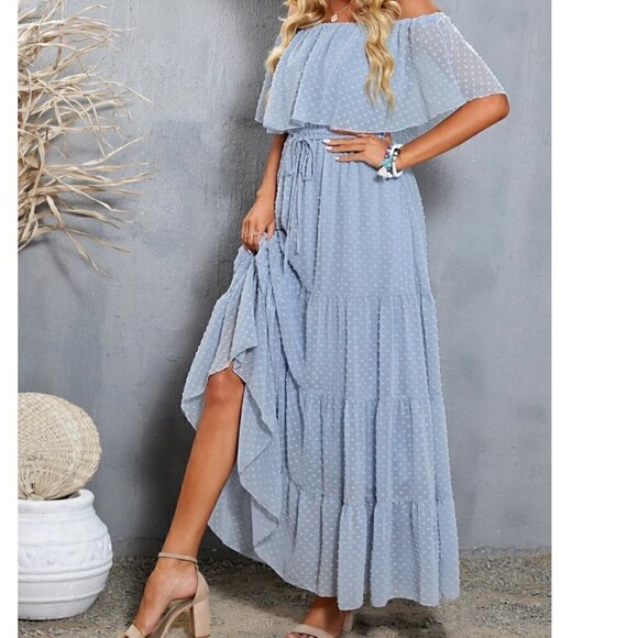 Sky Blue Off Shoulder Ruffle Maxi Dress Size Medium - Picture 7 of 12